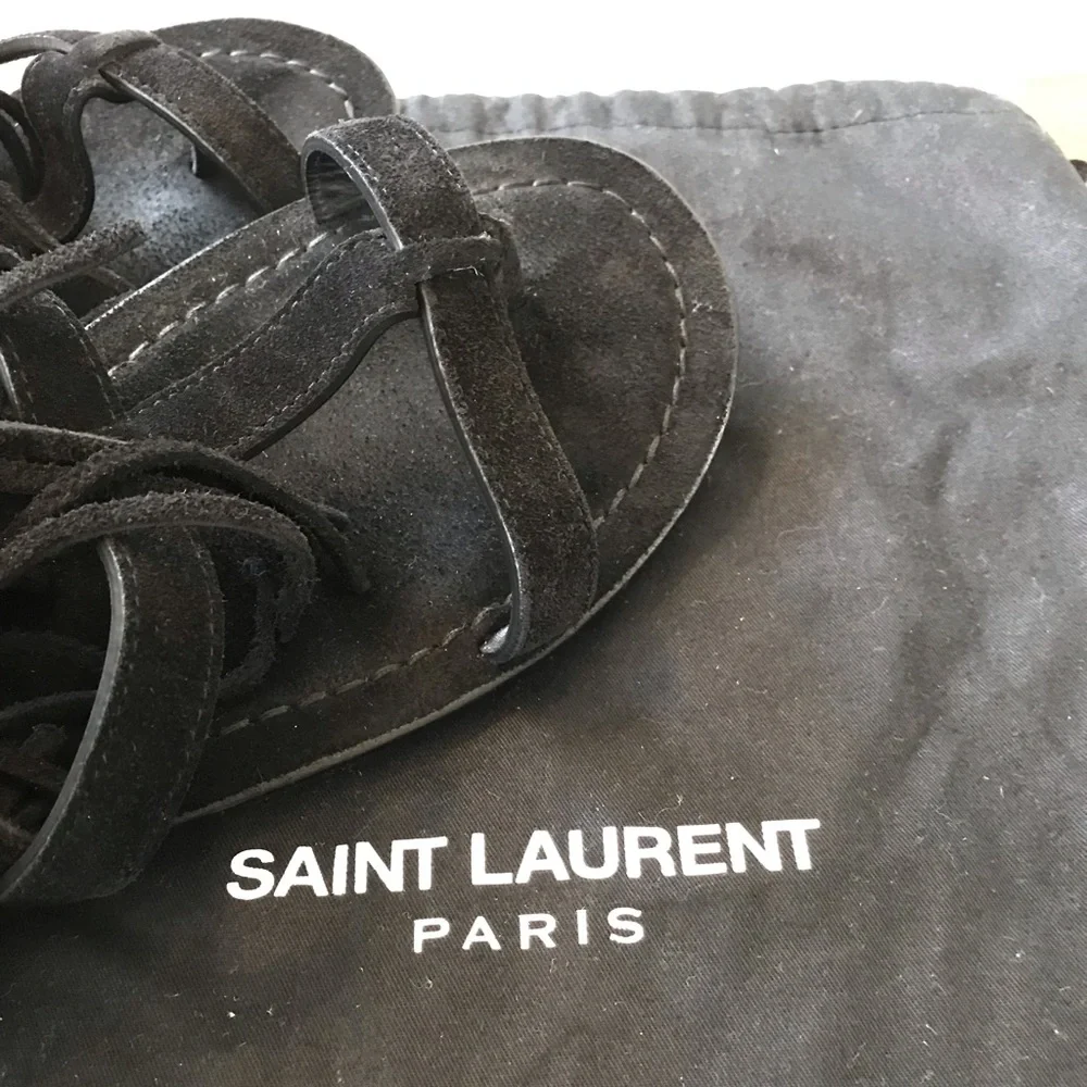 Saint Laurent Black Suede Fringe Ankle Strap Sandals